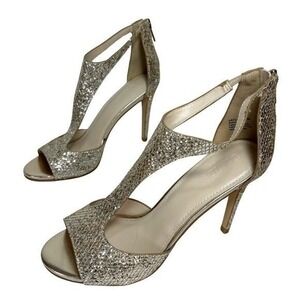 David's Bridal Women Stiletto Heeled Sandal Sz 9.5 Gold Glitter T Strap Open Toe